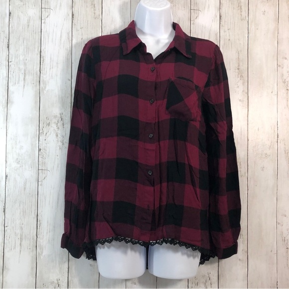 Eyeshadow Plaid Button Up Crossover Back Lace Trim Shirt Medium - Picture 1 of 10